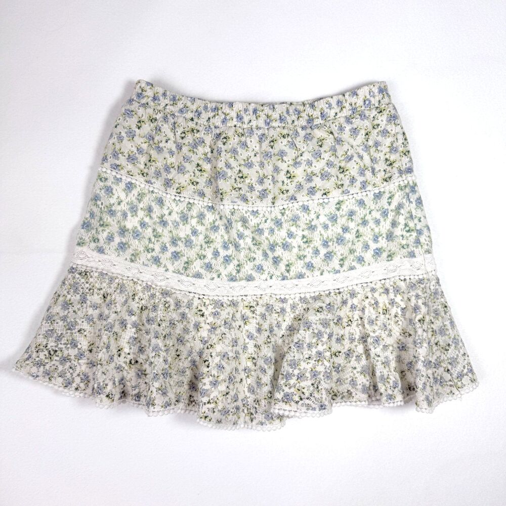 House of Harlow 1960 Floral Lace Mini Skirt Small White Blue Tiered Eyelet